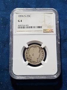 1896-S Barber Quarter 25C Key Date Coin - Certified NGC G4 (Good) - Picture 1 of 3