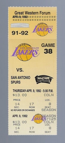 1992 NBA SAN ANTONIO SPURS @ LOS ANGELES LAKERS FULL BASKETBALL TICKET - APRIL 9 Cover