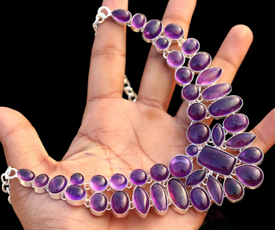 Amethyst Silver Necklace 925 Sterling Silver Necklace Handmade Gemstone Necklace - Image 1 of 2