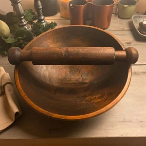 Antiguo cuenco primitivo tallado a mano de 17" y rodillo casa de campo rústica - Imagen 1 de 10