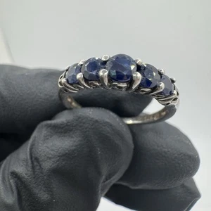 Vintage Blue Sapphire 5 Stones  Sterling Silver Ring, 925  Sz 7 Tested Authentic - Picture 1 of 11