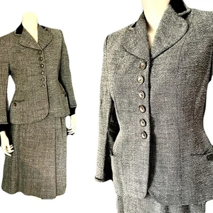 Eleganter 50er Jahre I. Magnin Woll Tweed Anzug, schwarz-weiß, Samtbesatz, sm. - Med. - Bild 1 von 10