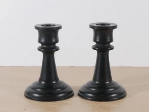 Pair Vintage REAL EBONY Wood Turned Candlestick Holders 4" Tall Black Set of 2 - Picture 1 of 8