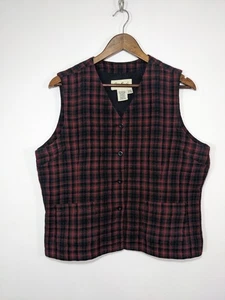 Vintage 90s Eddie Bauer Vest Womens XL Red Black Green Plaid Button Wool Lined - Picture 1 of 12