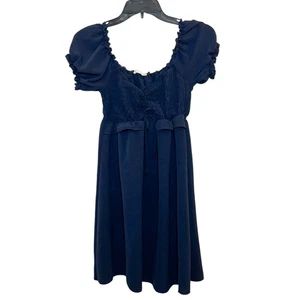 Shirred Smocked Bodice Dress Navy Blue Puff Sleeve Mini Dress Made in USA Size M - Picture 1 of 6