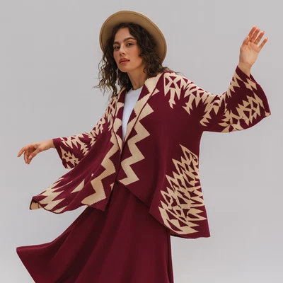 Ci Sono S/M Maroon Beige Aztec Waterfall Cardigan Boho Southwestern Fall Cozy - Image 1 of 4