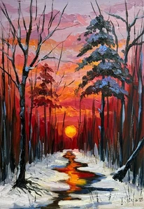 Pintura al óleo original invierno puesta de sol paisaje bosque impresionismo arte firmado - Imagen 1 de 7