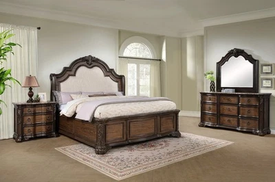 Formal Regal 4pc King Bed Set Ornate Detailing Intricate Carvings Marble Tops - Image 1 of 4