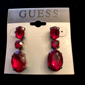 NEW ON TAG! Guess ROYAL RUBY RED Rhinestone Dangle Earrings! 1-3/8" Length - Picture 1 of 9