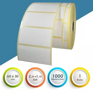 Thermo Etiketten Rolle Selbstklebend 60x30mm, für Phomemo, Zebra, Klebeetiketten - Bild 1 von 7