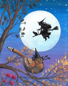 8x10 PRINT OF PAINTING RYTA HALLOWEEN WITCH PHEASANT MOON Black CAT FOLK ART 🎃 - Picture 1 of 1