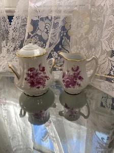 Porcelaine de France Rosa Púrpura Floral Tapa Azúcar Cuenco Y Crema Set Dorado - Imagen 1 de 7