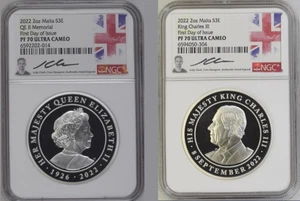 2022 MALTA S3€ 2oz QEII MEMORIAL & KCIII ACCESSION COINS NGC PF70 FDOI (2 COINS) - Picture 1 of 4