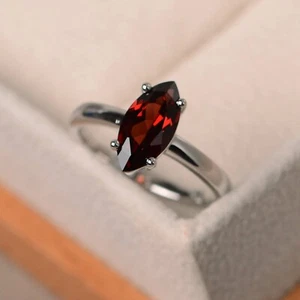 Natürlicher Granat Ring Marquise Schliff Krappenfassung Elegant Schmuck Geschenk für Mütter - Bild 1 von 8