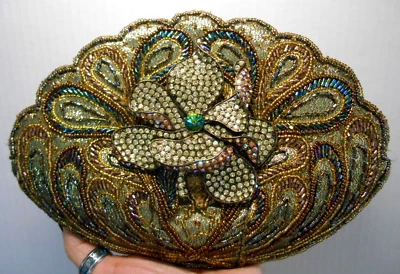 LETTY Hand Beaded Rhinestone Crystal Clam Shell Flower Clutch Handbag Purse USA - Image 1 of 4