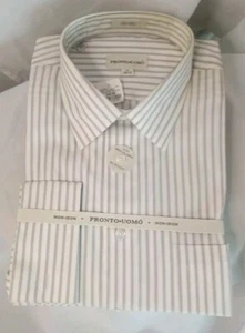 NEW Pronto Uomo Men's 17 36/37 Gray Stipe White Long Sleeve Dress Shirt Non Iron - Picture 1 of 11