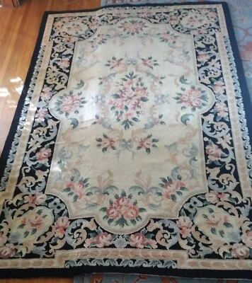 Vtg Hand Hooked Wool Rug 5' 4" X 8' 4". Traditional Floral Black, Ivory, Rose - Image 1 of 4