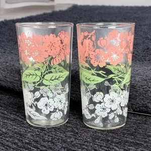 Sour Cream Glasses Flowers Watermelon Color Pink Green & White Vintage - Picture 1 of 15