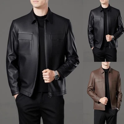Men Lapel Collar Imitation Leather Jacket Long Sleeve Zipper Outerwear - Image 1 of 4