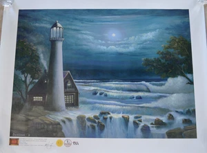 Vintage Giclée Kunstdruck Leuchtturm Coming of Hugo Jose Correa Strandhaus Ozean - Bild 1 von 13