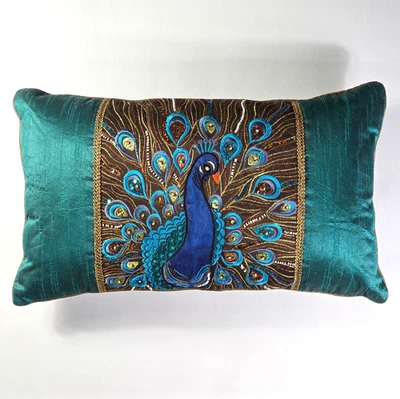 Pier 1 Embroidered Peacock Decor Throw Pillow Lumbar 12x20 Brown Teal Jeweled - Image 1 of 4