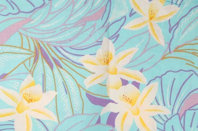 68"L x 42"W Alexander Henry Collection Tropical Floral White Yellow Orchids Blue - Image 1 of 4