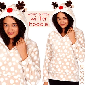Ladies Reindeer Xmas Themed Fleece Hoodie Bed Jacket Warm Hooded 8 10 12 14 UK - Picture 1 of 3
