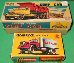 Cajas de camión vacías de fricción de estaño Japón de la década de 1960: camión de volteo Haji y furgoneta Express de SSS - Imagen 1 de 14