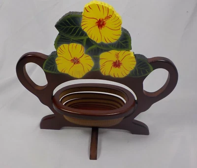 CESTA PLEGABLE 14,5 X 14,5 TAZÓN DE MADERA SOPORTE DE ALMACENAMIENTO DE FRUTAS FLOR DE HIBISCO Foto 1 de 4