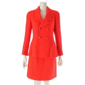 CHANEL Vintage Suit 96A Cotton Tweed Coco Double Breasted Jacket Skirt Set Red - Picture 1 of 12