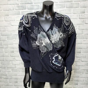 Maglione vintage anni 80 Bonnie Boer & Co donna L nero perline maglia floreale - Foto 1 di 10