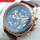 Mens Automatic Mechanical Watch Date Day Watch Rose Gold Purple Leather
