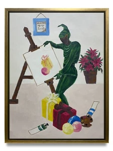 Pintura al óleo original de arte de Nueva York de elfo verde de Navidad sobre lienzo enmarcado 12x16 - Imagen 1 de 6