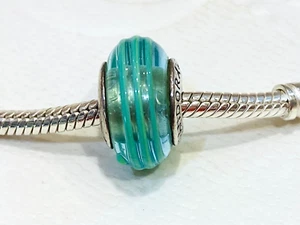 Authentic Pandora Silver Teal Green Ribbon Murano Glass Charm 790606 Retired - Picture 1 of 3