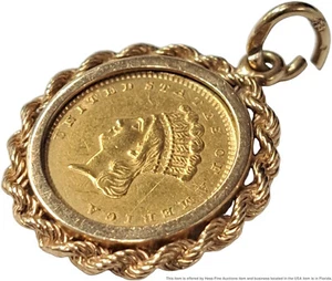 1856 Genuine 1 Dollar American Princess Gold Coin Set in 14K Yellow Gold Pendant - Picture 1 of 9