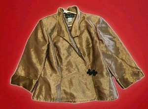 Alex Evenings Women’s Taffeta Metallic Brooch Button Jacket Gold Size L NWOT - Picture 1 of 10