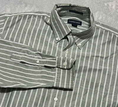 Lands End Green Stripe Supima No Iron Oxford Button Traditional Fit Tall 16-36 - Image 1 of 4
