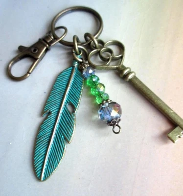 Purse Jewelry, Feather  & Steampunk Bronze Keyring, Zipper Pull 6 inches - Image 1 of 4