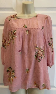 Figueroa & Flower Top Damen Mauve Bestickt Blumen Tunika Oberteil 3/4 Ärmel PL - Bild 1 von 10