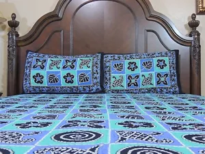 Decorative Cotton Print Bedsheet Indian Blue Bedding 3P Quality Bedroom Linens - Picture 1 of 1