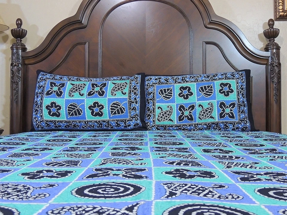 Decorative Cotton Print Bedsheet Indian Blue Bedding 3P Quality Bedroom Linens - Image 1 of 1