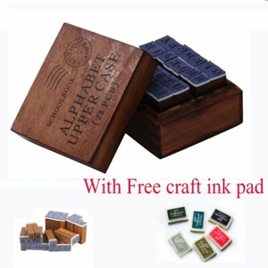28pcs Alphabet Rubber Stamps Wooden Box Set Vintage Style Wood Letters + Ink Pad - Picture 1 of 12