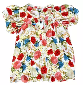 Rose + Olive Floral Blouse Ruffle Neck All-Over Red Flowery Print Size XL - Picture 1 of 7