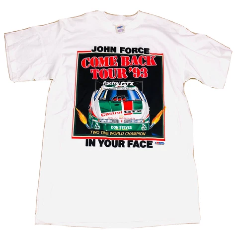 VTG 1993 John Force Come Back Tour NHRA Tee T-Shirt Drag Racing In Your Face NEW Cover