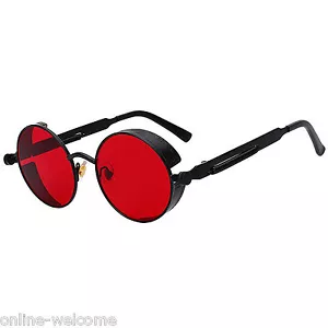 Occhiali da sole Steampunk gotici retrò cerchio rotondo montatura metallo nero lenti rosse C12 - Foto 1 di 6