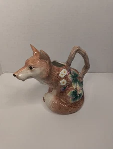 Fitz & Floyd Happy Red Fox Pitcher Majolica Woodland Berry Stamped 1990 - Picture 1 of 8