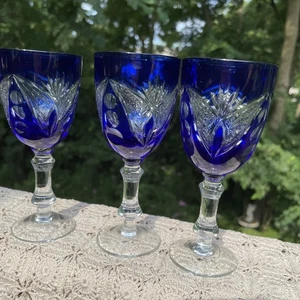 VTG SET OF 3 Cobalt Blue Cut To Clear Cordial Glasses 5.5”T BOHEMIAN - Picture 1 of 7