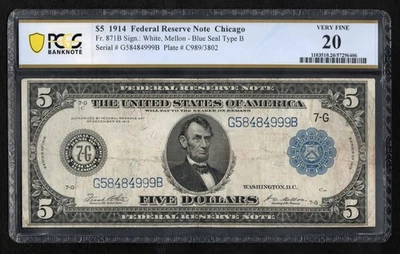 1914 $5 Chicago Federal Reserve Large Note Graded By PCGS 20 Very Fine - Image 1 of 2
