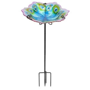 Glass Bird Bath, Garden Outdoor Birdbaths Birdfeeder with Metal Stake Peacock... - Picture 1 of 7