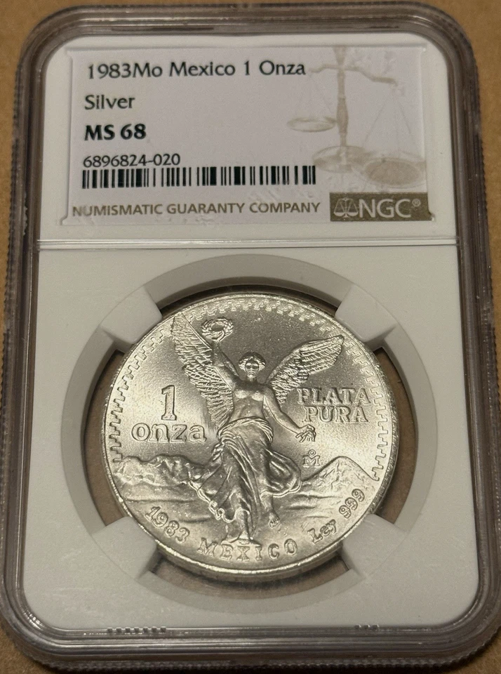 :1983-Mo 1-ONCE MEXICO LIBERTAD WINGED VICTORY NGC MS68 RARE R5 HIGHEST GRADES - Image 1 of 4